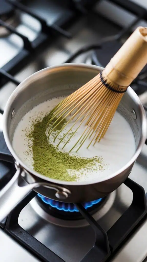 a saucepan on a fired gas stove with warm coconut milk, as vibrant green matcha powder is being sifted in and whisked, creating a smooth, creamy swirl