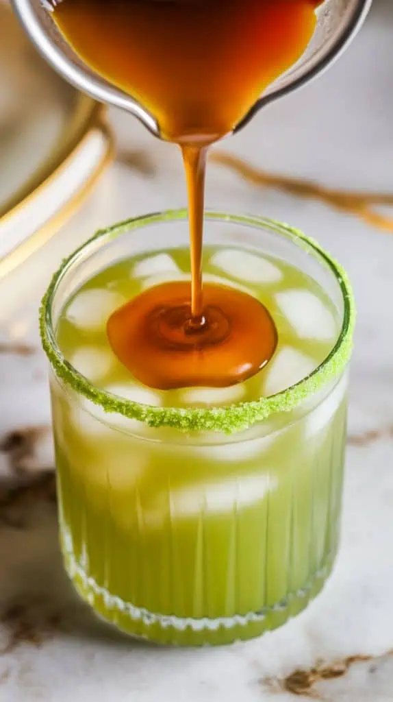 vibrant green apple juice being poured into a short, ridged rock glass filled with ice, its rim lightly coated with vibrant lime green sanding sugar