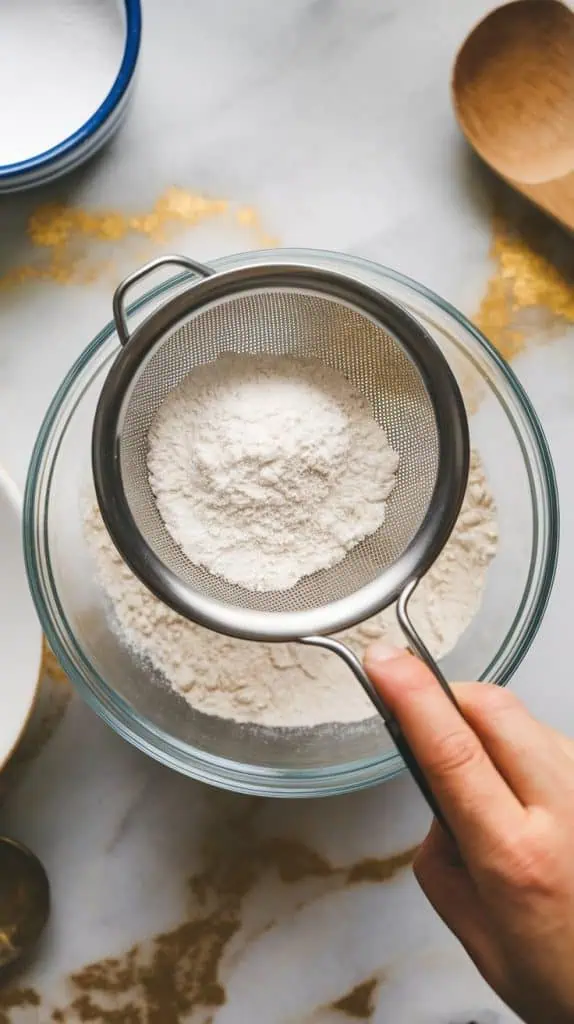 a sifter resting over a mixing bowl, filled with white all-purpose flour, baking powder, and salt