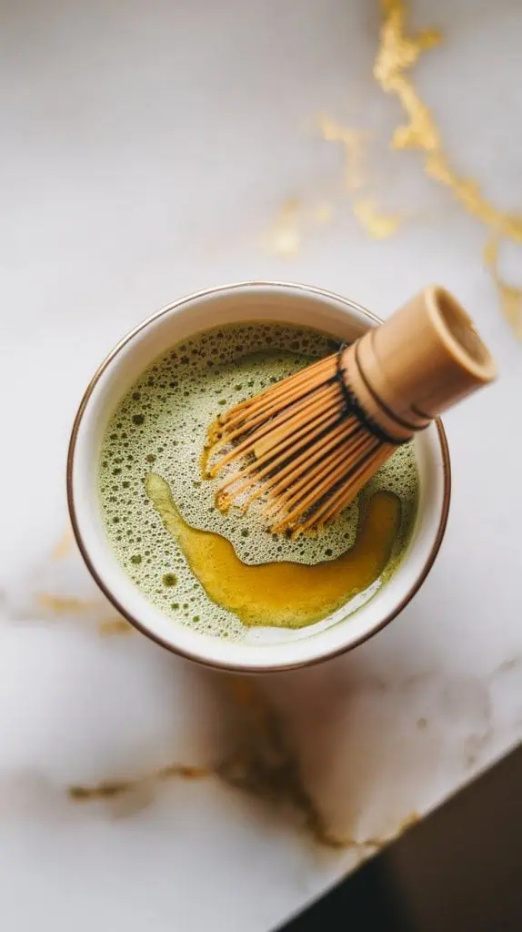 golden honey being drizzled into the frothy matcha mixture in a small bowl