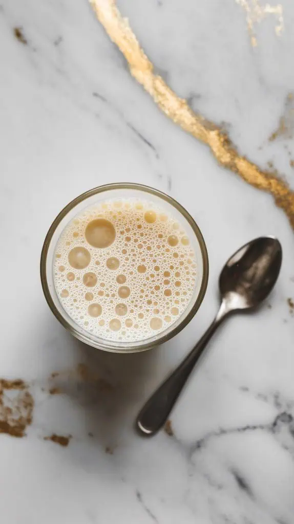 a small bowl with warm milk, with tiny yeast bubbles forming on the surface
