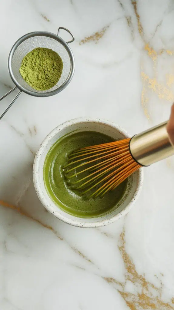a small bowl with bright green matcha glaze being whisked until smooth and glossy