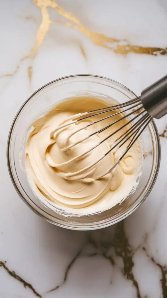 a small glass bowl with heavy cream, softened mascarpone cheese, sweetened condensed milk, and vanilla extract being whisked together
