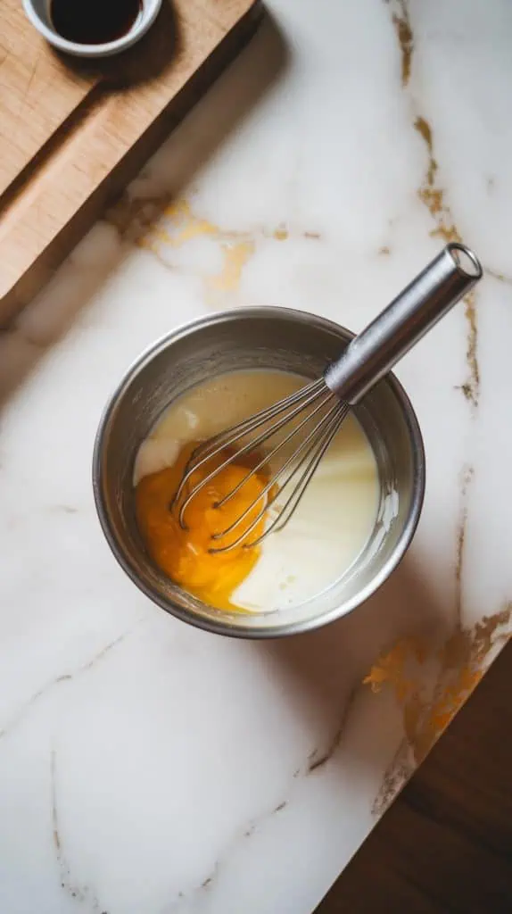a small mixing bowl containing whisked egg, melted butter, milk, and vanilla extract, with a small metal whisk resting inside