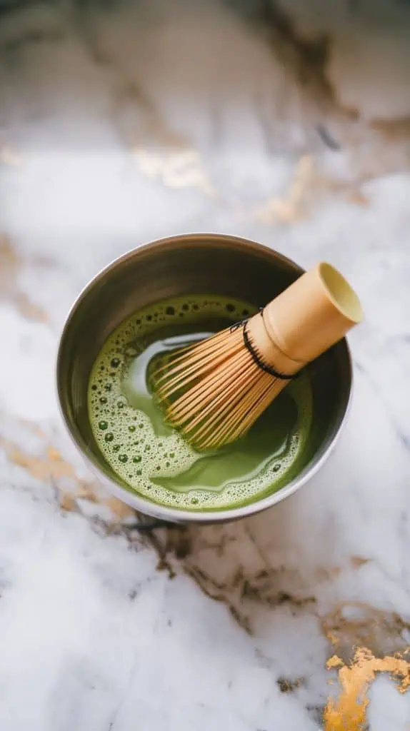 a small mixing bowl filled with warm water and vibrant green matcha powder, with honey being drizzled in
