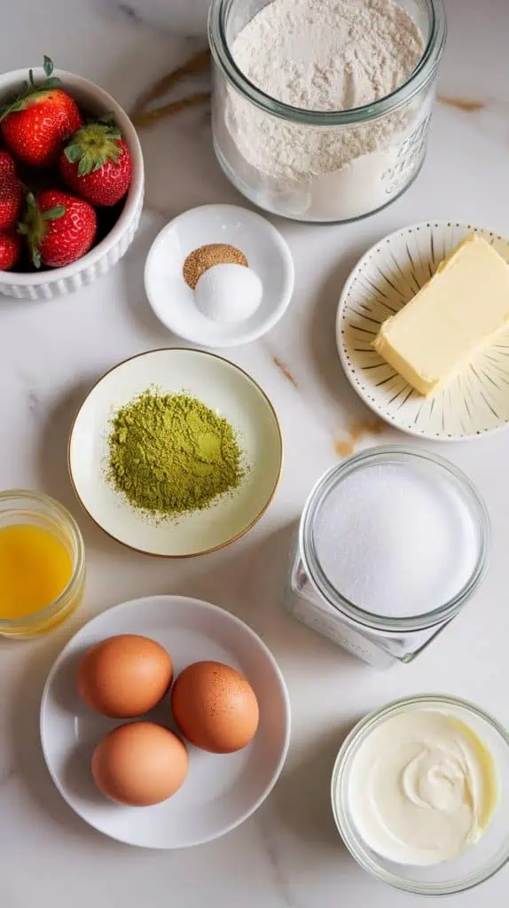 all ingredients for a strawberry matcha cake