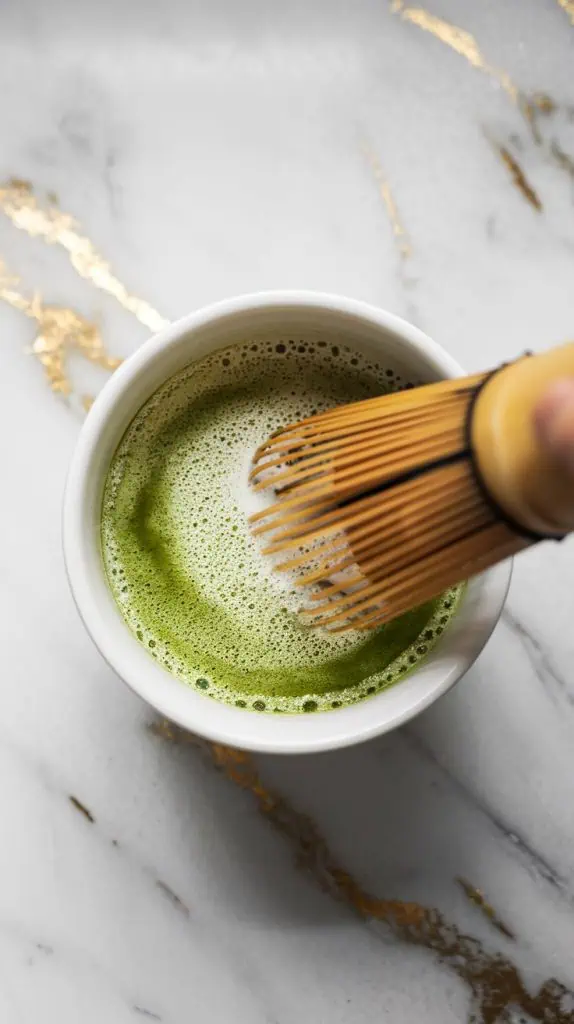 a small white bowl with smooth, vibrant green matcha and cornstarch mixture, being whisked with a tiny amount of milk until no lumps remain.