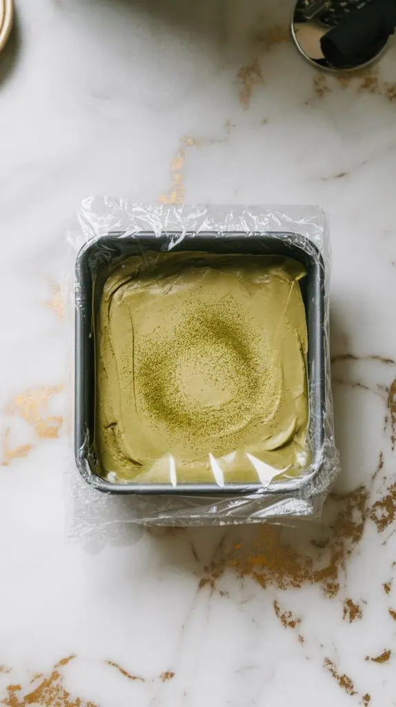  a square pan covered with plastic wrap, placed on a white marble counter with hints of gold.