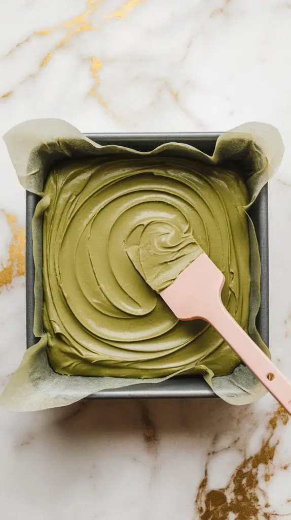 a square pan lined with parchment paper, filled with creamy, smooth matcha white chocolate fudge mixture. A rubber spatula is spreading and smoothing the top.
