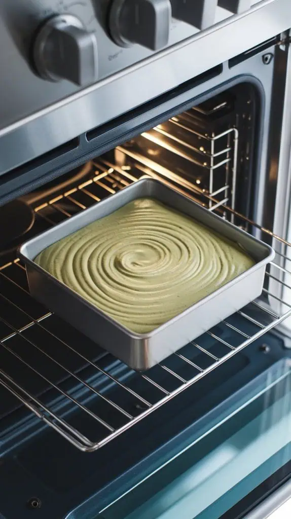 an 8x8-inch square cake pan filled with smooth light green matcha batter, placed inside a modern stainless steel double oven