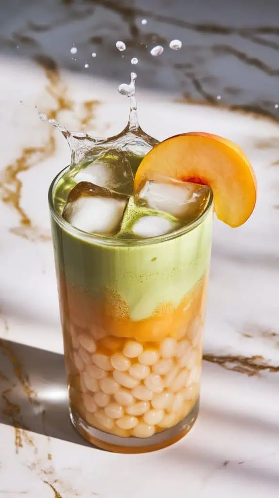a tall glass being layered with translucent sago pearls, golden peach puree, and green matcha milk