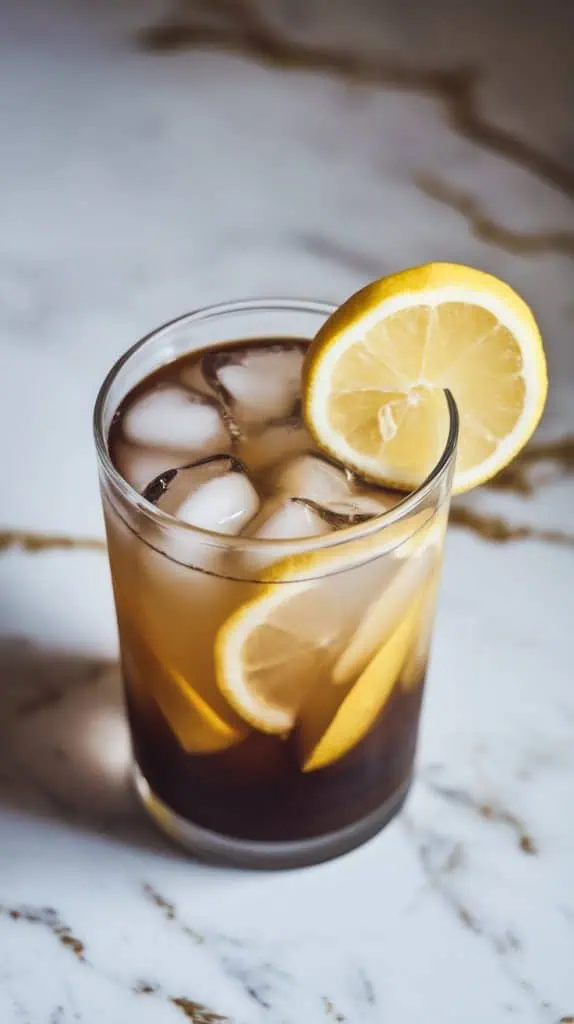 a tall glass of cold brew lemonade with clear ice, the dark and light liquids blending smoothly