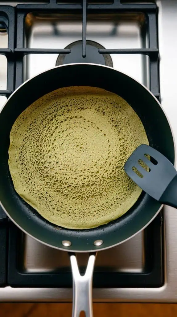  a thin, golden-green crepe cooking in a non-stick pan, with the edges starting to lift