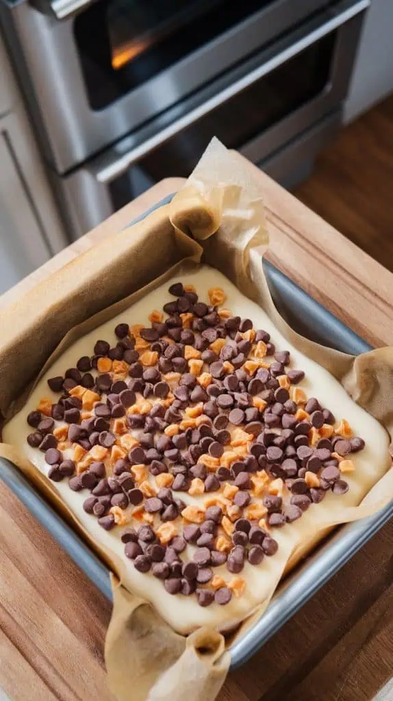 semi-sweet chocolate chips and toffee bits evenly scattered over the glossy condensed milk layer, some pieces sinking slightly into the creamy surface