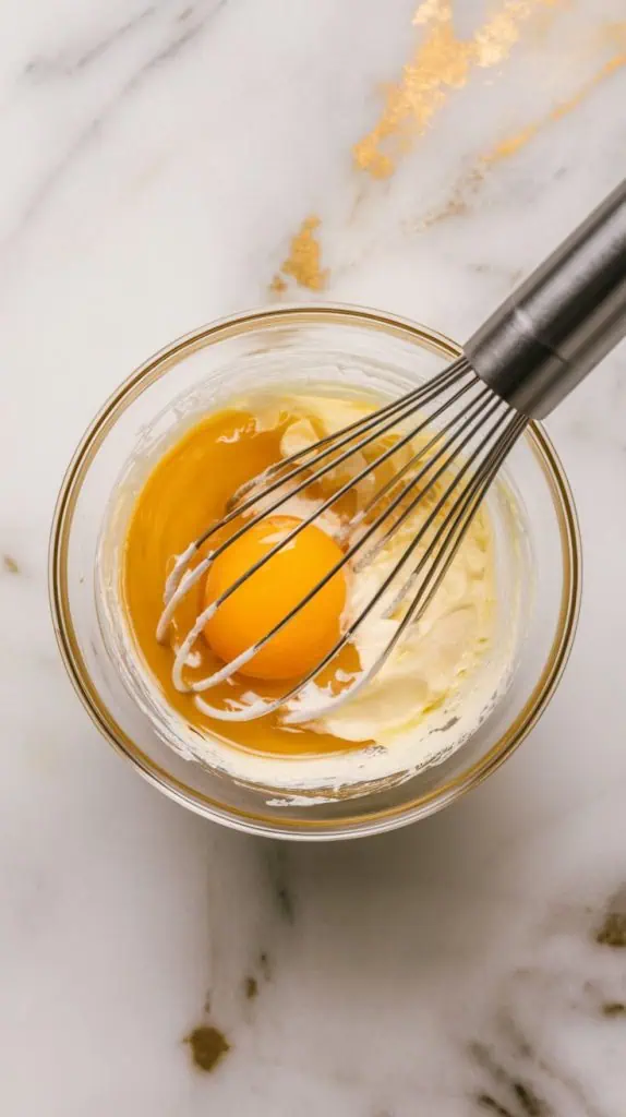a whisk mixing golden egg yolk, thick heavy cream, and vanilla in a small bowl