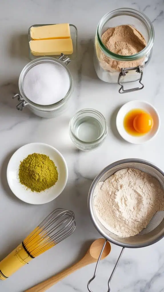 all the ingredients neatly arranged on a white marble countertop with hints of gold