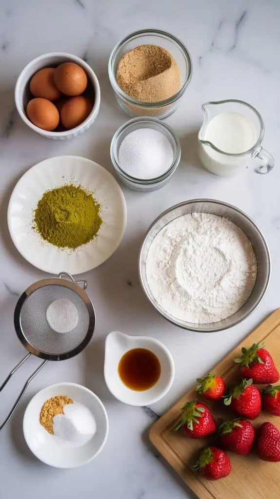 all ingredients for matcha chiffon cake sandwiches