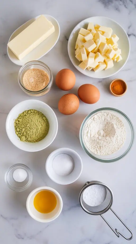 all ingredients for matcha green tea molten lava cakes