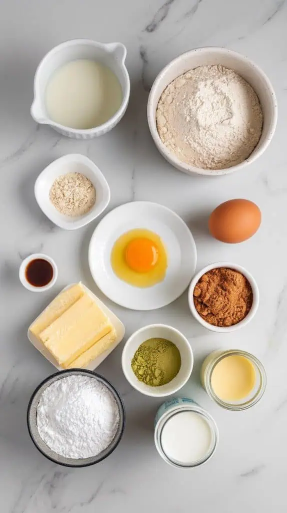  all ingredients laid out for making matcha-glazed cinnamon rolls