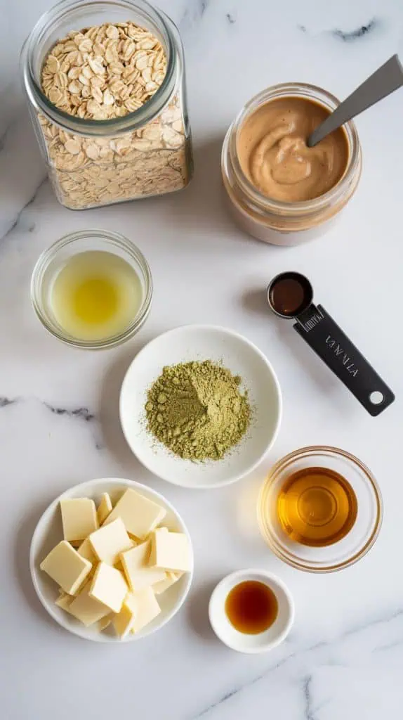 all ingredients for no-bake matcha oatmeal bars