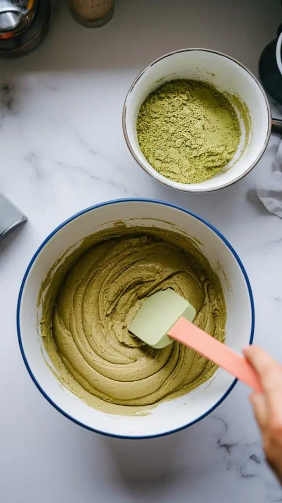 cake batter in a bowl as milk is poured in, alternating with the green-tinged matcha flour mixture