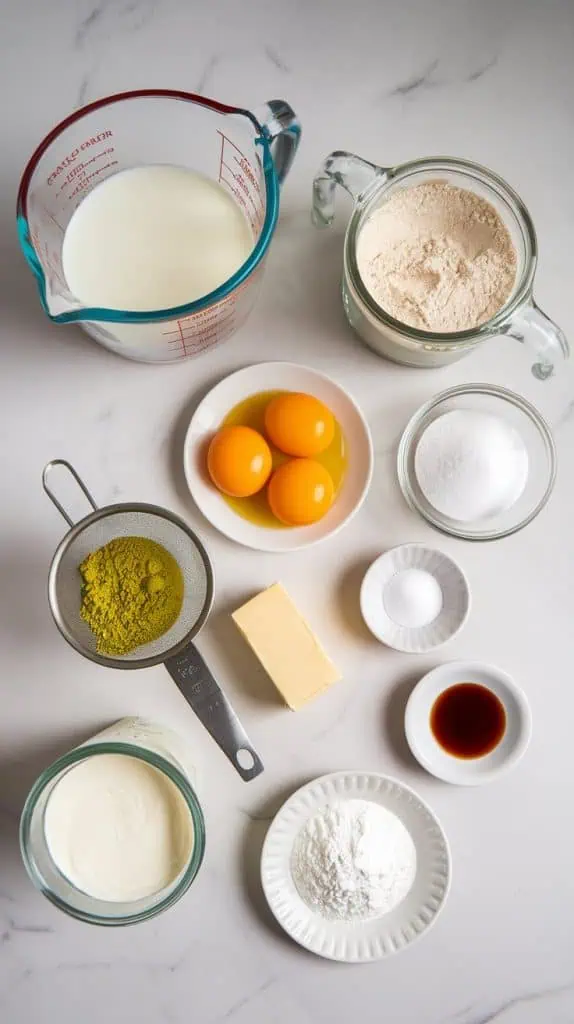 all the ingredients for Matcha Mille Crepe Cake