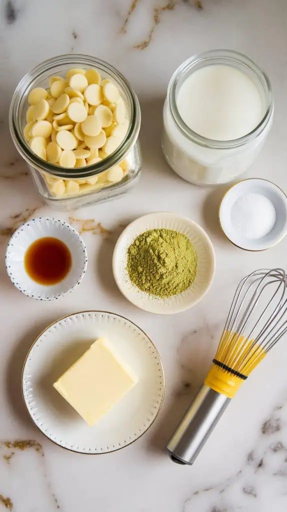all ingredients for matcha white chocolate fudge