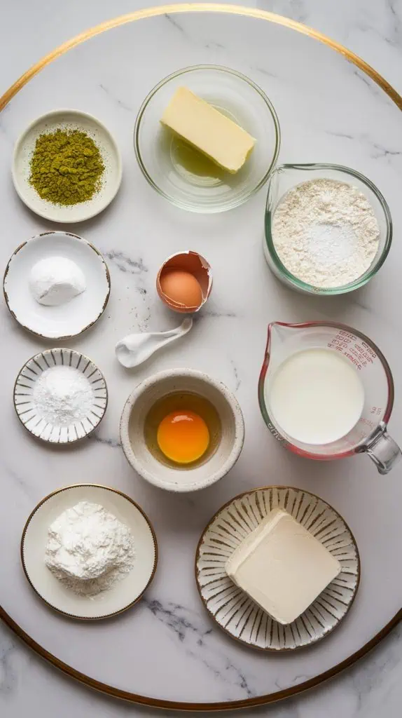 all the ingredients needed to make matcha baked donuts and matcha cream cheese glaze.