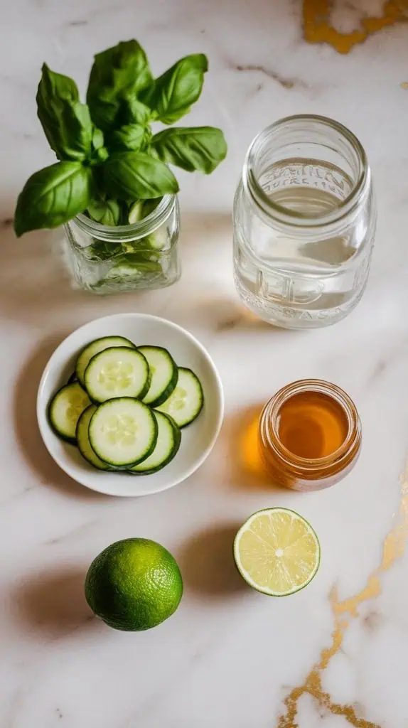 ingredients for a Cucumber Basil Gimlet