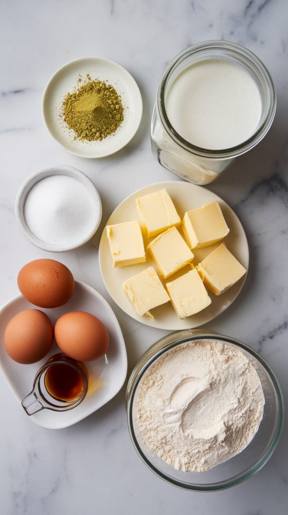 all the ingredients laid out on a white marble countertop with hints of gold
