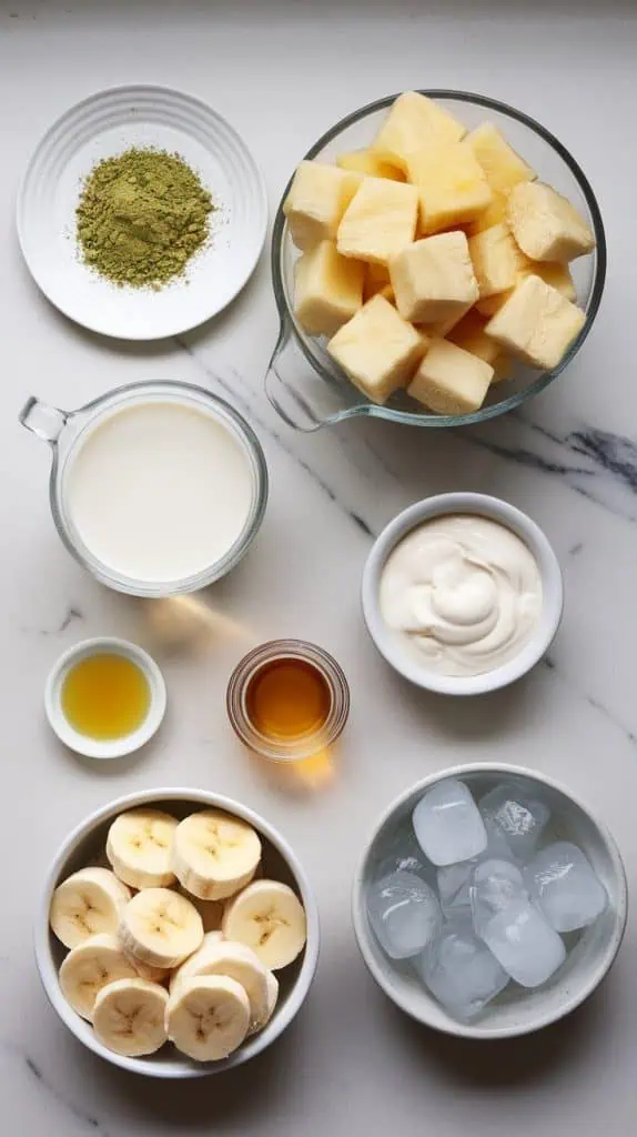all the smoothie ingredients arranged on a white marble countertop with hints of gold