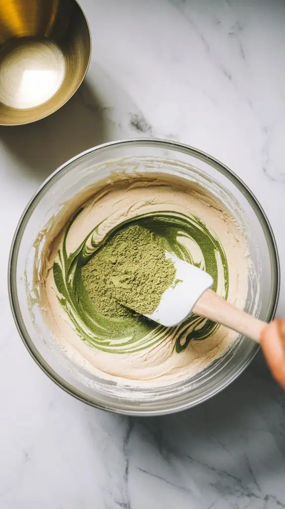 a mixing bowl as dry matcha  ingredients are being folded into the wet white batter with a spatula.
