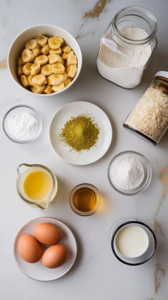 all the ingredients arranged neatly on a white marble countertop with hints of gold.