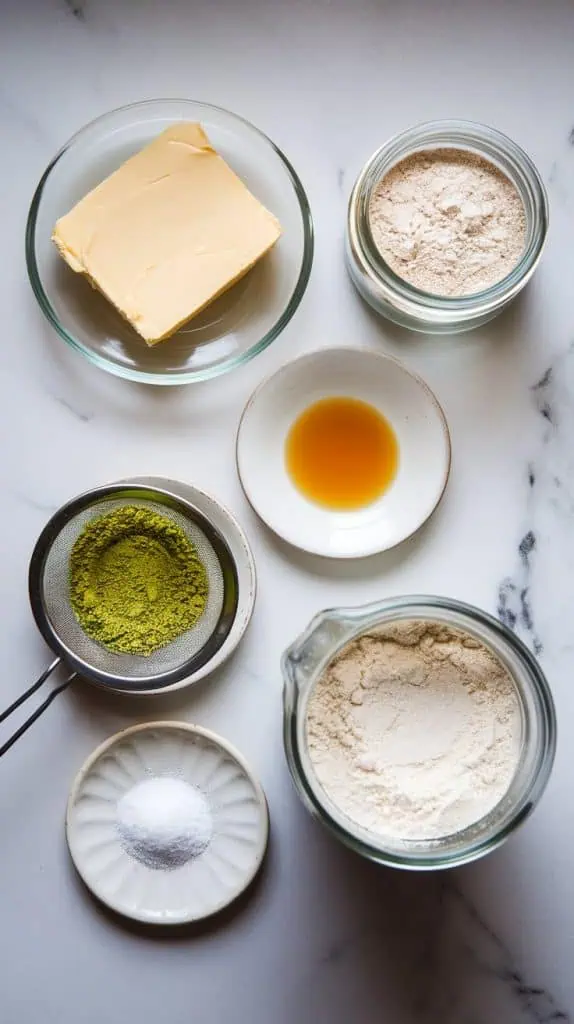 all ingredients for matcha shortbread cookies 
