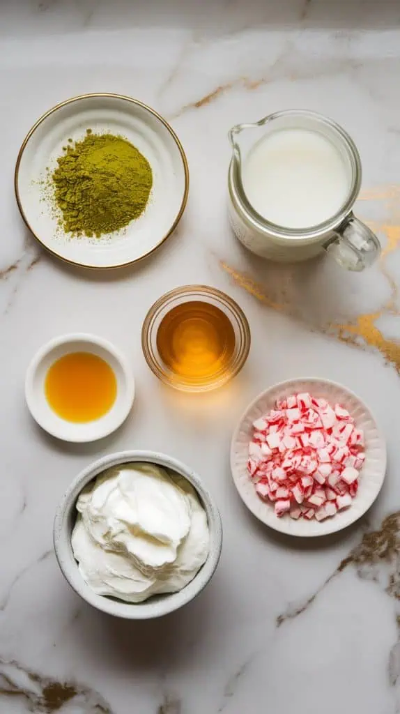 all the ingredients laid out on a white marble countertop with hints of gold
