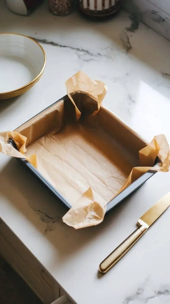 an 8x8 baking dish lined with parchment paper, neatly fitted into the corners
