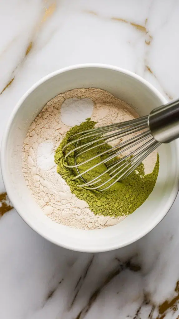 a white mixing bowl with flour, vibrant green matcha powder, baking powder, baking soda, and salt being whisked together