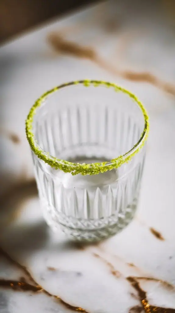 an empty rock glass lightly rimmed with vibrant lime green sanding sugar