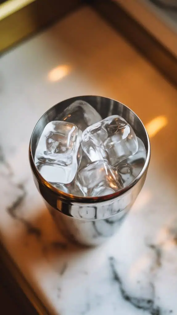 a stainless steel cocktail shaker filled halfway with fresh, clear ice cubes