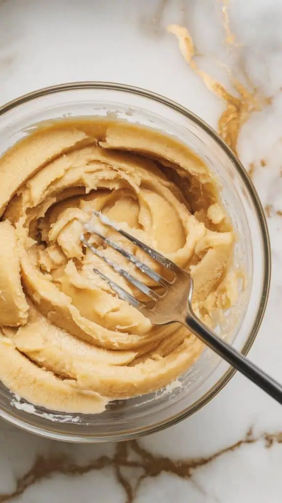 a bowl with mashed bananas, showing their soft, slightly chunky texture, with a fork pressing into them