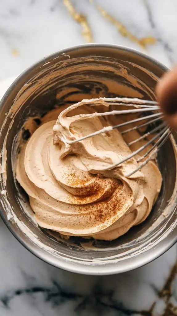 a mixing bowl with creamy cinnamon buttercream being whipped, showing soft peaks