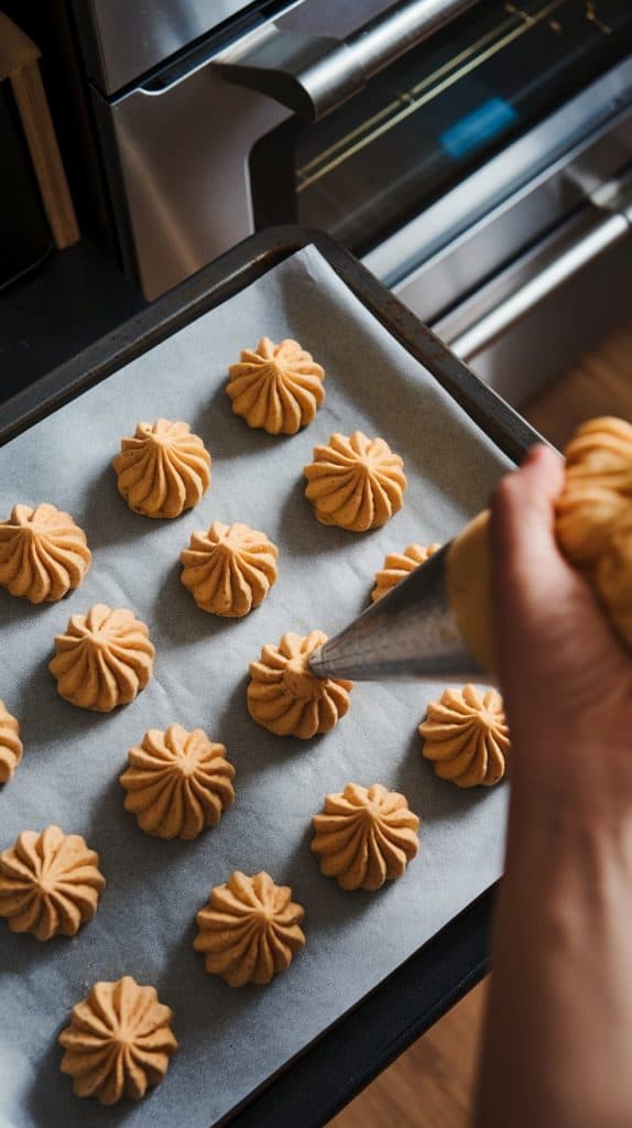 a parchment-lined baking sheet with freshly piped choux pastry dough, smooth and rounded