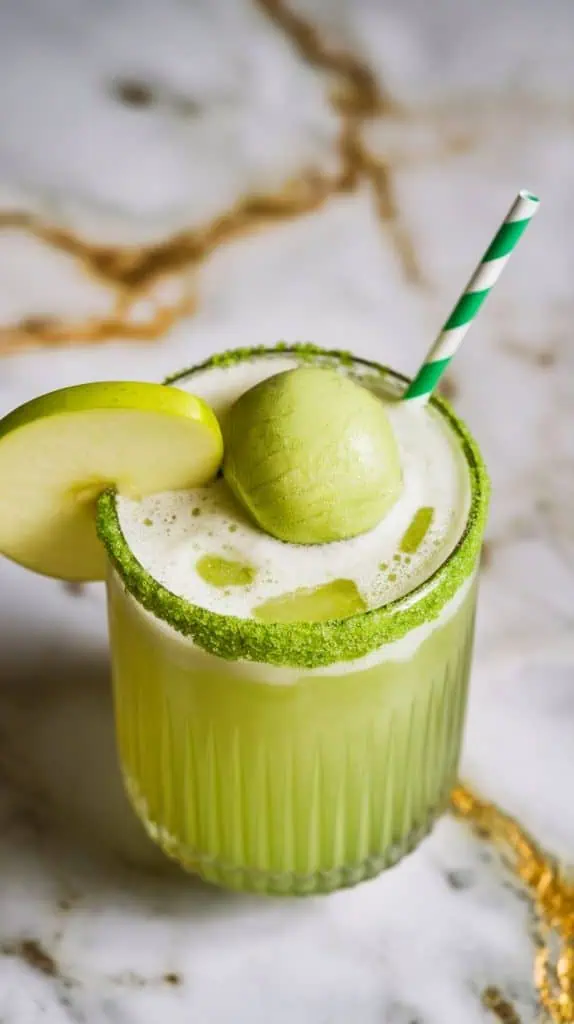  Sour Apple Shamrock drink in a short, ridged rock glass with a lightly rimmed edge of vibrant lime green sanding sugar