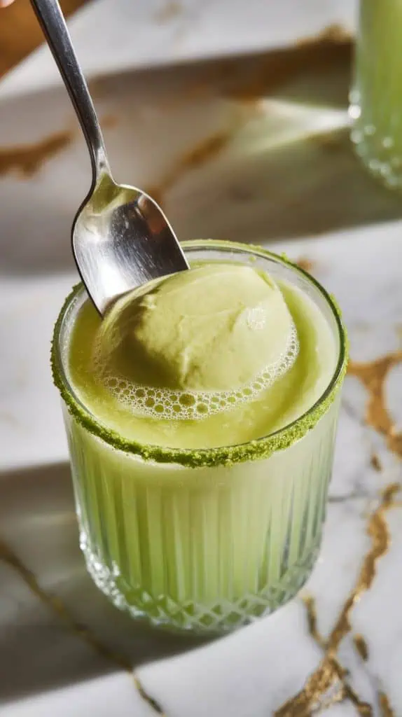 a spoon stirring the bright green drink in a short, ridged rock glass with a lightly rimmed edge of vibrant lime green sanding sugar.