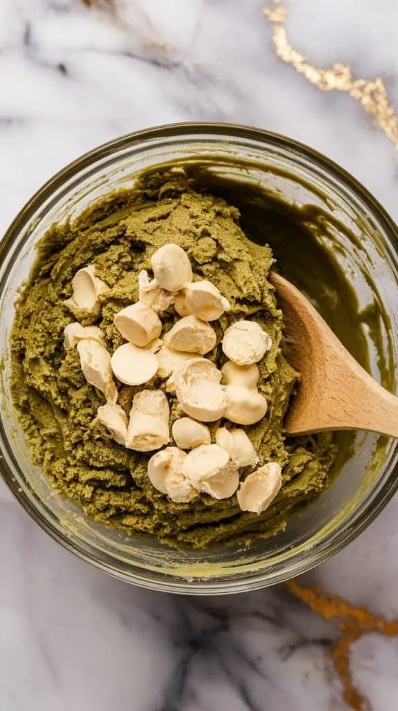 a matcha dough mixture with creamy white chocolate chunks being folded in with a wooden spoon.
