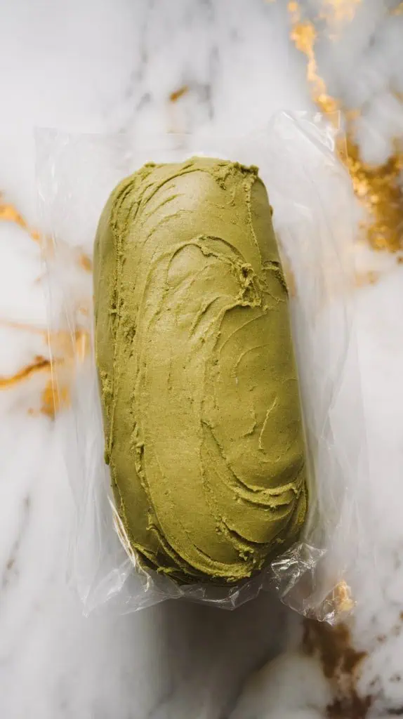 matcha cookie dough shaped into a log and wrapped in plastic wrap