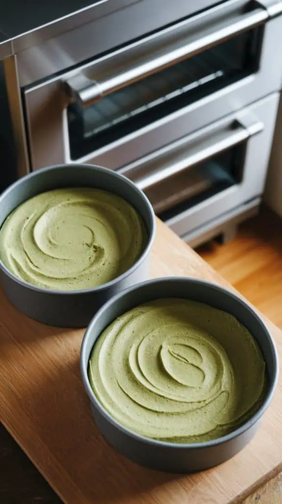 two cake pans filled with smooth, green matcha cake batter, ready to be placed into the oven