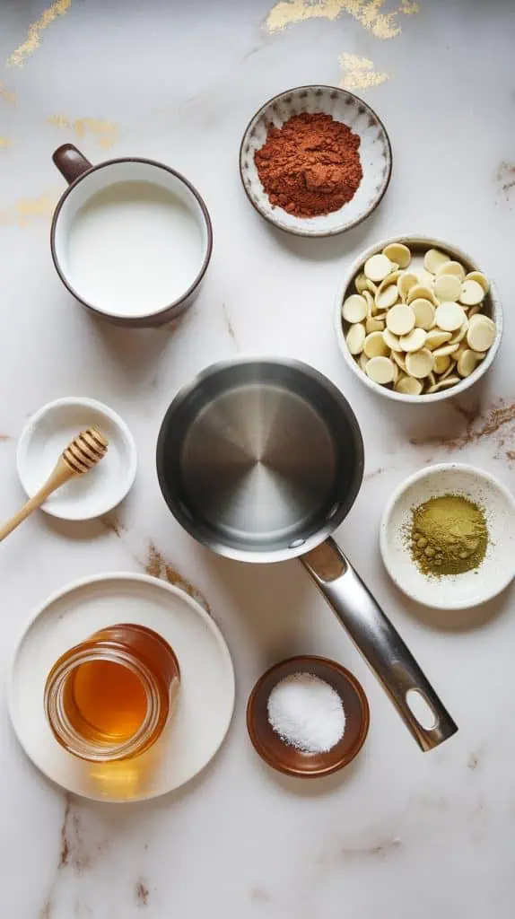  all ingredients and tools on a bright white marble countertop with hints of gold