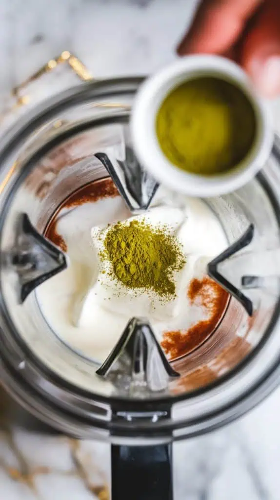 a blender jar with creamy Greek yogurt, a pour of almond milk, and a swirl of vanilla extract