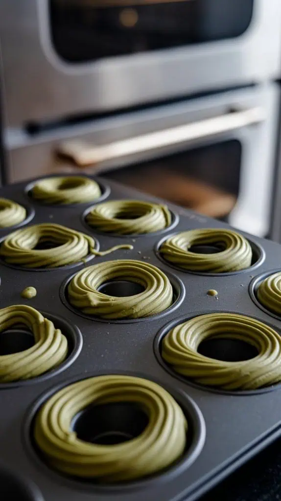 a donut pan filled with freshly piped matcha batter, with a piping bag still in hand